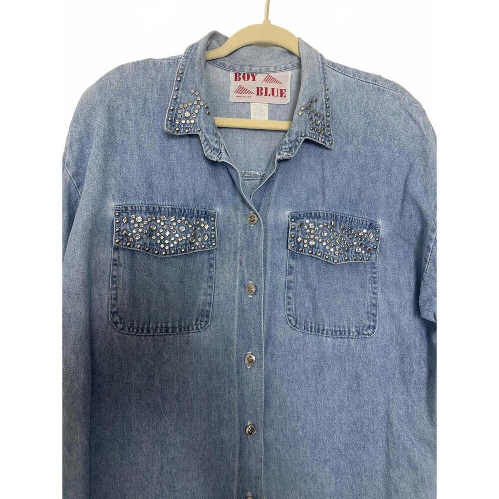 Vintage Boy Blue Women's Denim Shirt with Studded Details XL